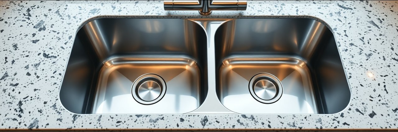 Pristine double stainless sink after mold remediation services, shiny and spotless.