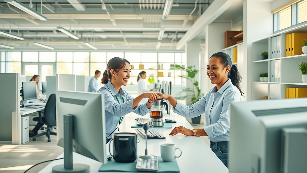 Sanitized open office with happy team and spotless break area surfaces.