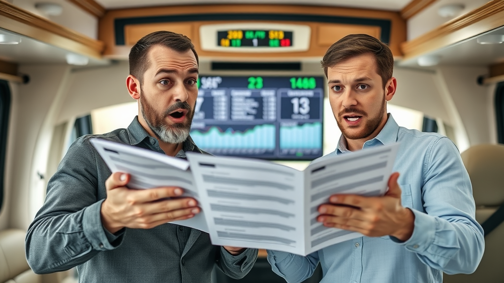 Surprised RV buyers and sellers astonished by impressive sales statistics at dealership office featuring digital sales dashboard