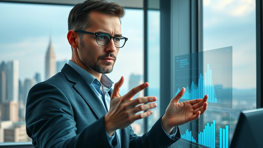 Professional digital marketer analyzing social media metrics on holographic dashboard, city skyline view