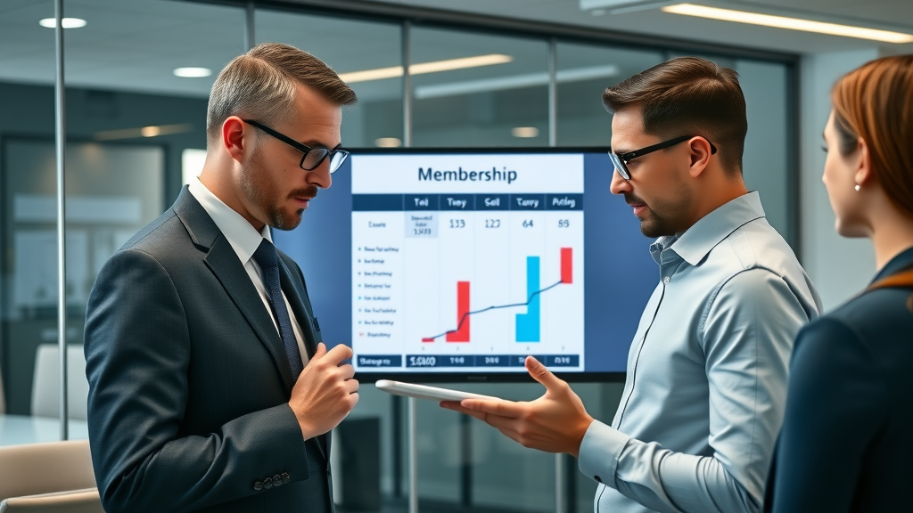 Business people analyzing membership pricing chart, reviewing tiered pricing on digital display, boardroom background.