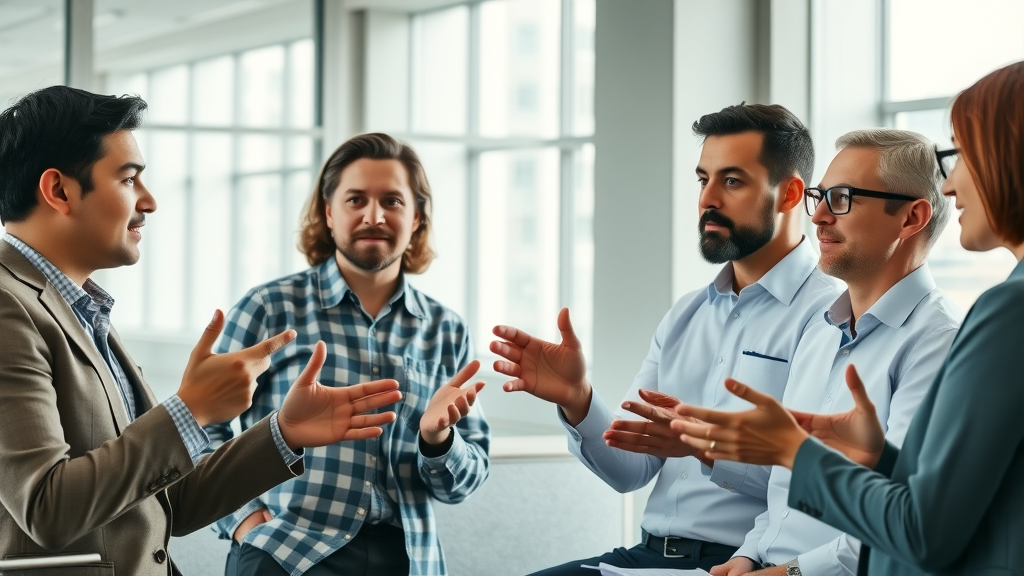 Group of four expert researchers discussing gut health, modern conference room with daylight, highly detailed, dynamic, natural engagement