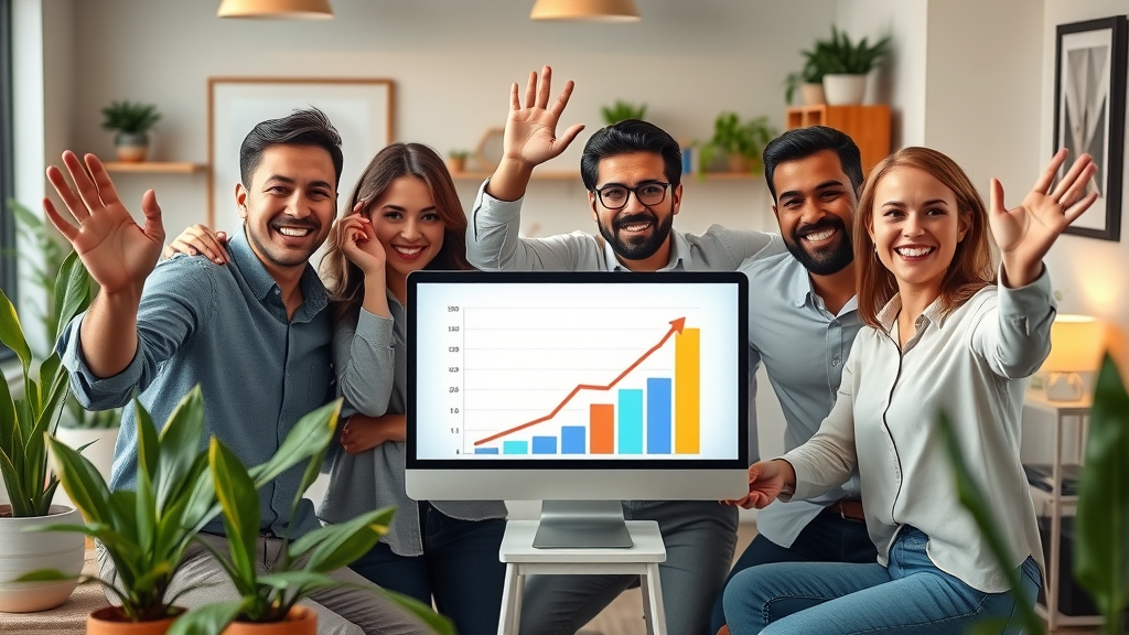 happy small business team celebrating growth from SEO, charts showing improvement, SEO for small businesses