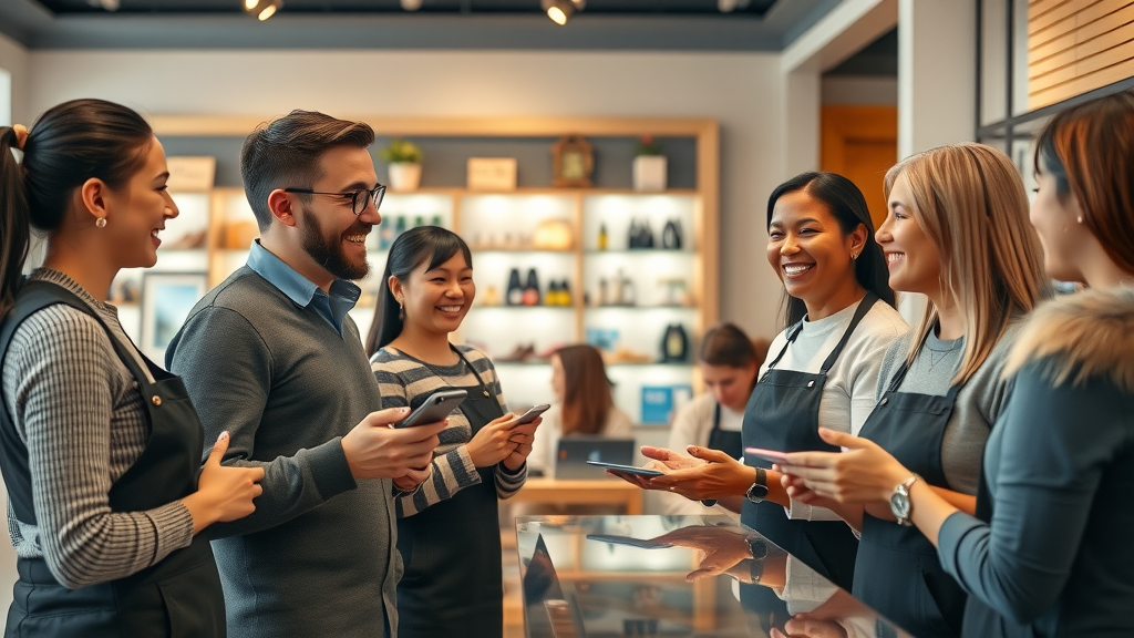 welcoming retail environment cheerful staff interacting with customers demonstrating products personalized advice mortar store strategies to compete with online retailers
