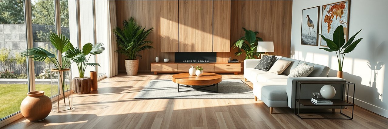 Modern living room with stylish hardwood flooring and natural light.
