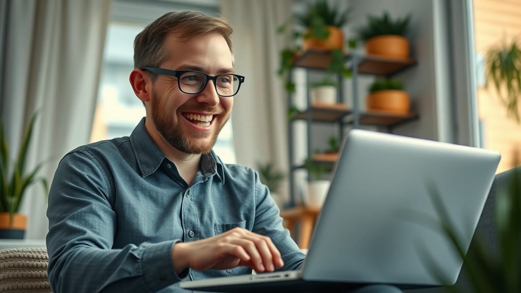 Satisfied RV sellers navigating peer-to-peer RV sales expert platform on laptop