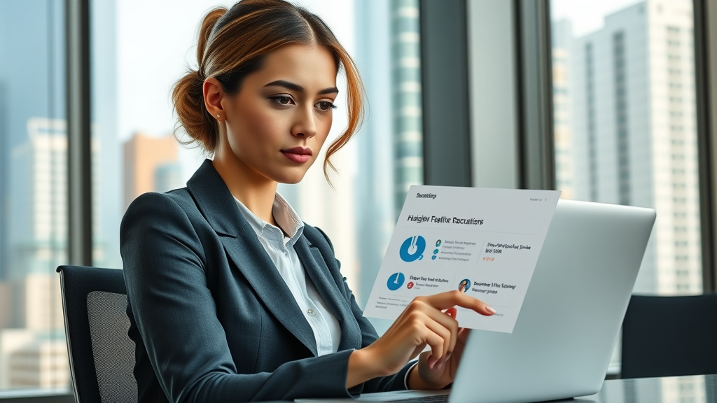 Businesswoman analyzing brand reputation online dashboard in sleek office