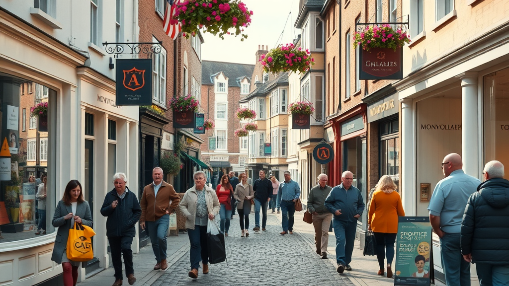 picturesque Monmouthshire town center bustling with local shoppers and business owners, historic cobbled streets and vibrant storefronts - monmouthshire marketing