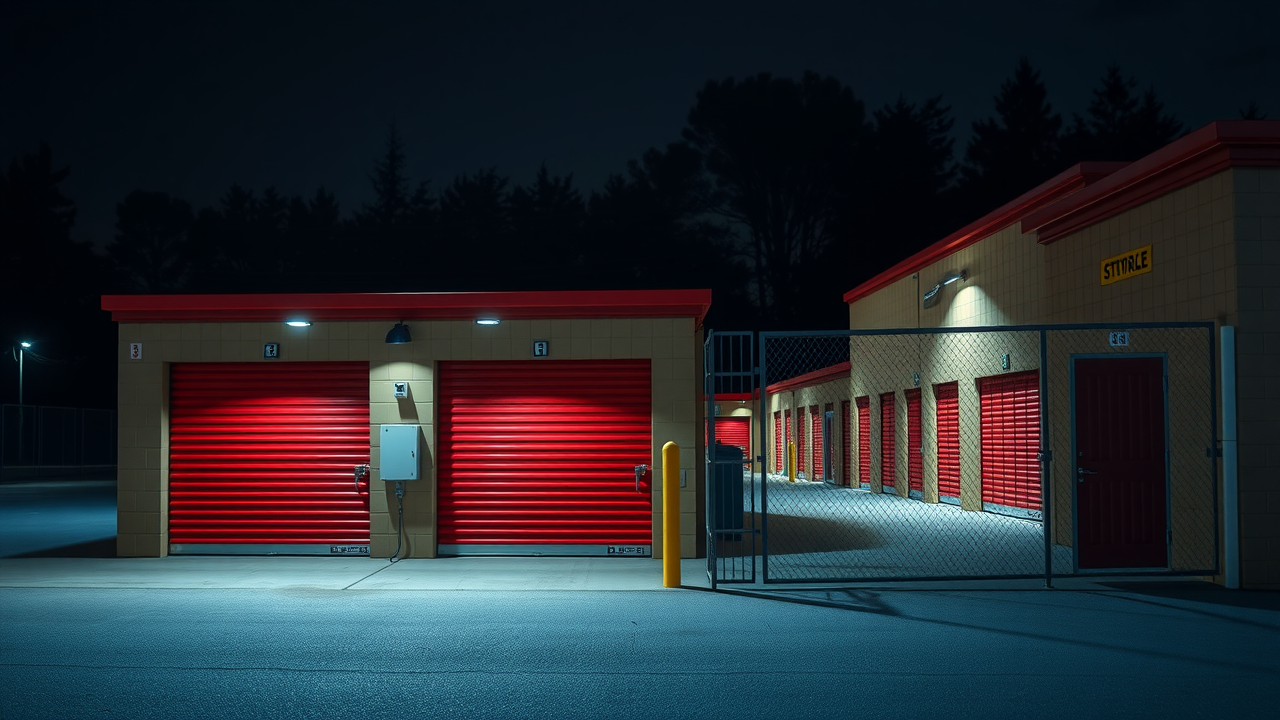Well-lit secure Muskegon self storage units facility at night with surveillance
