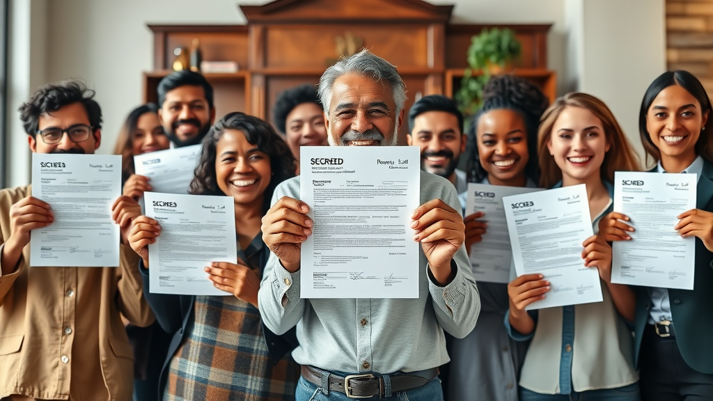 Diverse people displaying successful secured party creditor documents