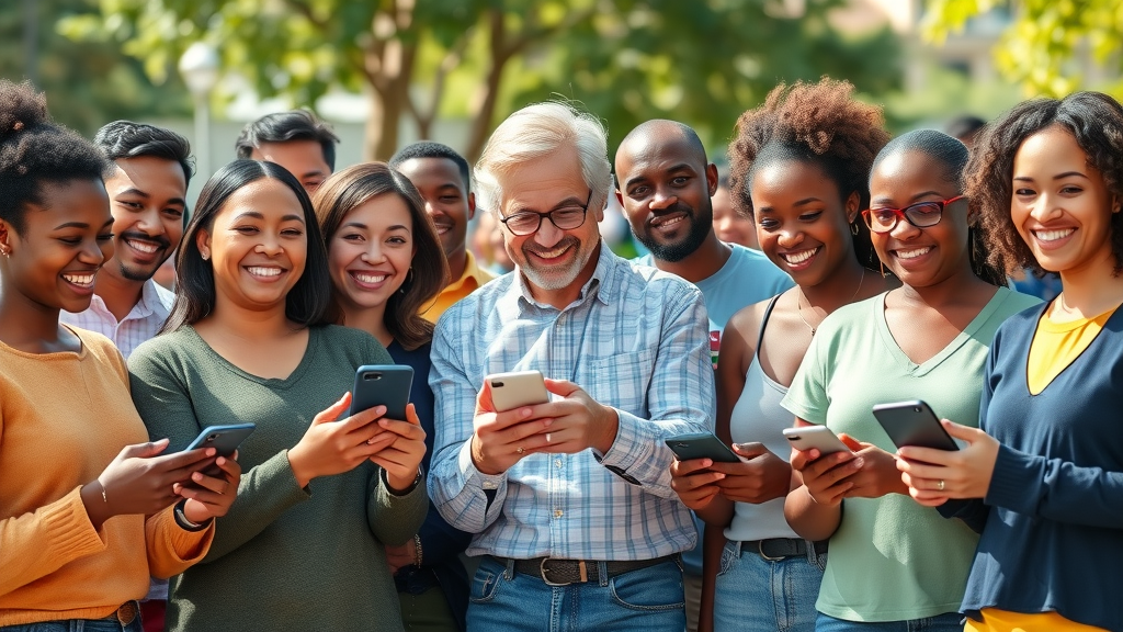 Diverse group of individuals engaging with nonprofit content on mobile devices, representing various demographics in a community event setting.