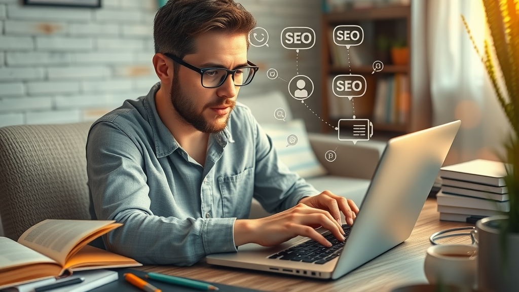 creative writer crafting SEO content on laptop, surrounded by notes and SEO guides, quality content for business seo
