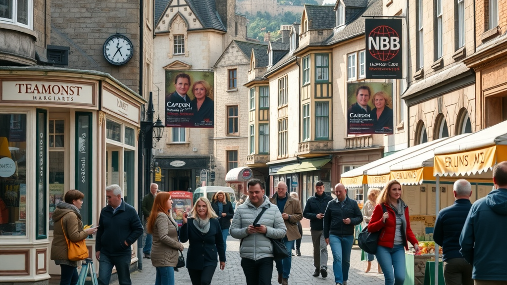 Vibrant Monmouthshire town centre, bustling business owners interacting - press releases throughout Monmouthshire