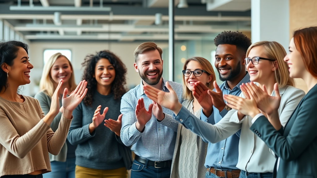 Energetic diverse marketing team celebrating social media marketing success in a modern office, vibrant colors, social media icons in the background
