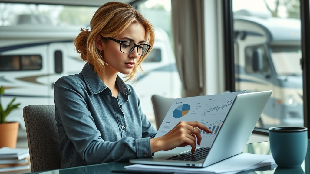 Businesswoman analyzing RV pricing data emphasizes the use of data-driven RV pricing