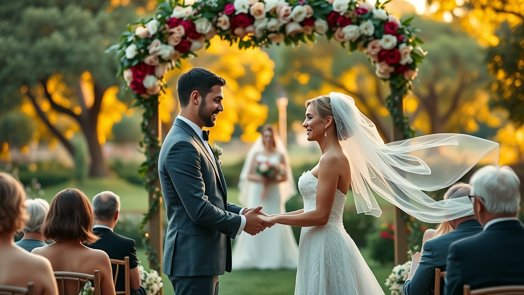elegant outdoor wedding ceremony joyful couple exchanging vows under a floral arch lush garden background wedding venue