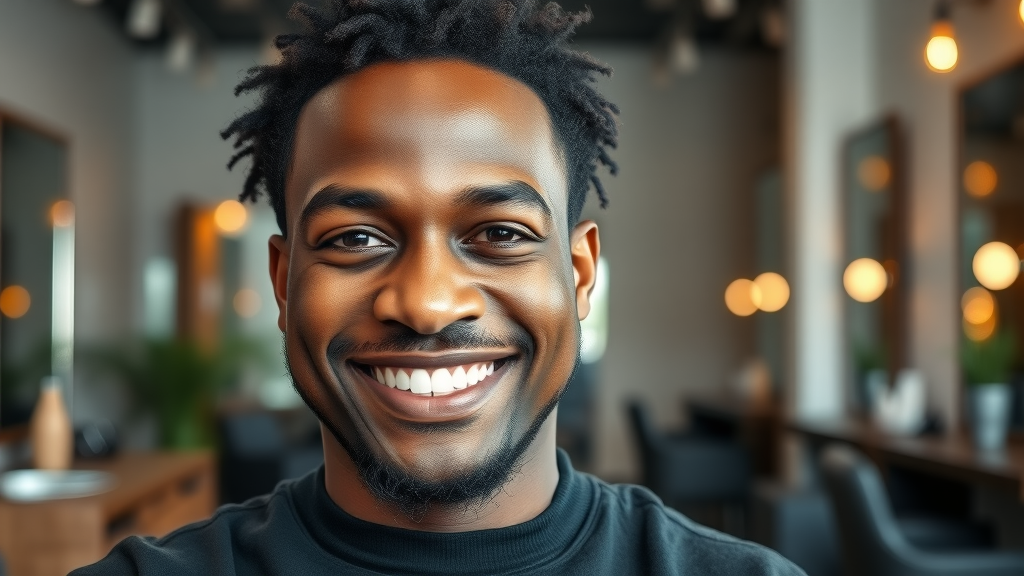 Confident Black man smiling, showing full natural-looking hair system in stylish salon. Non-surgical hair replacement for mens of color.
