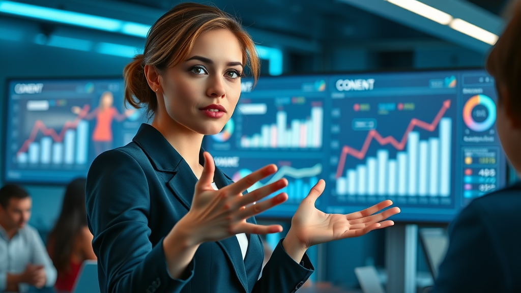 female marketing expert presenting content marketing tips and analytics to engage audience in a high-tech workspace