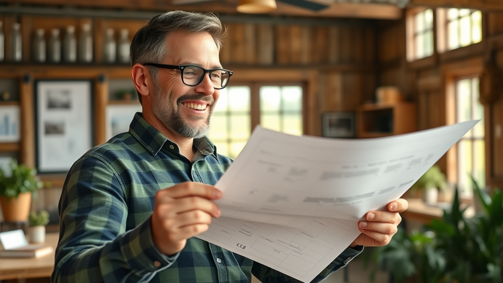 Peer-to-peer RV sales expert Daryl Jensen reviewing blueprints in a rustic-modern office