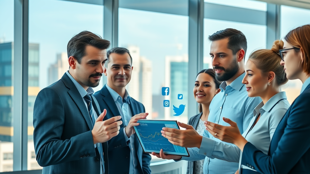 Modern business team in a digital office analyzing social media reputation management data collaboratively