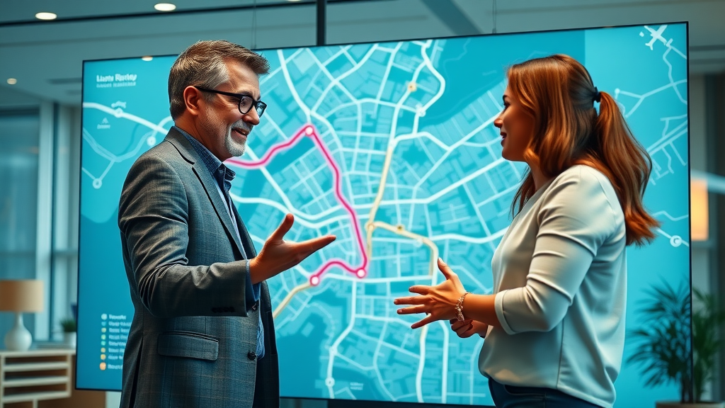 local moving company consultant showing city map of local routes infographic office setting digital touchscreen