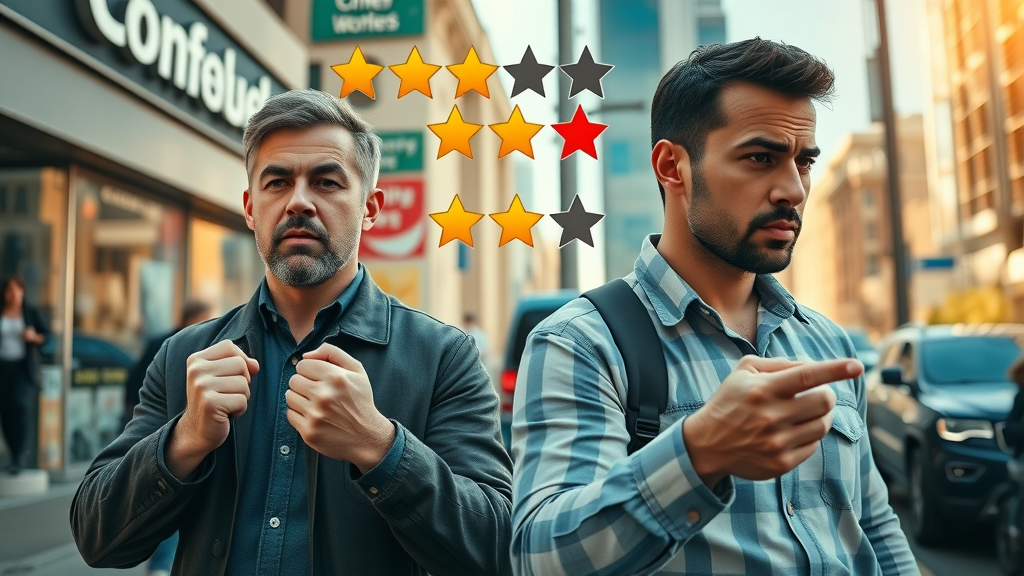 Split scene with business thriving from positive customer reviews and reputation, another struggling with negative review, five-star and one-star icons, business emotions visible