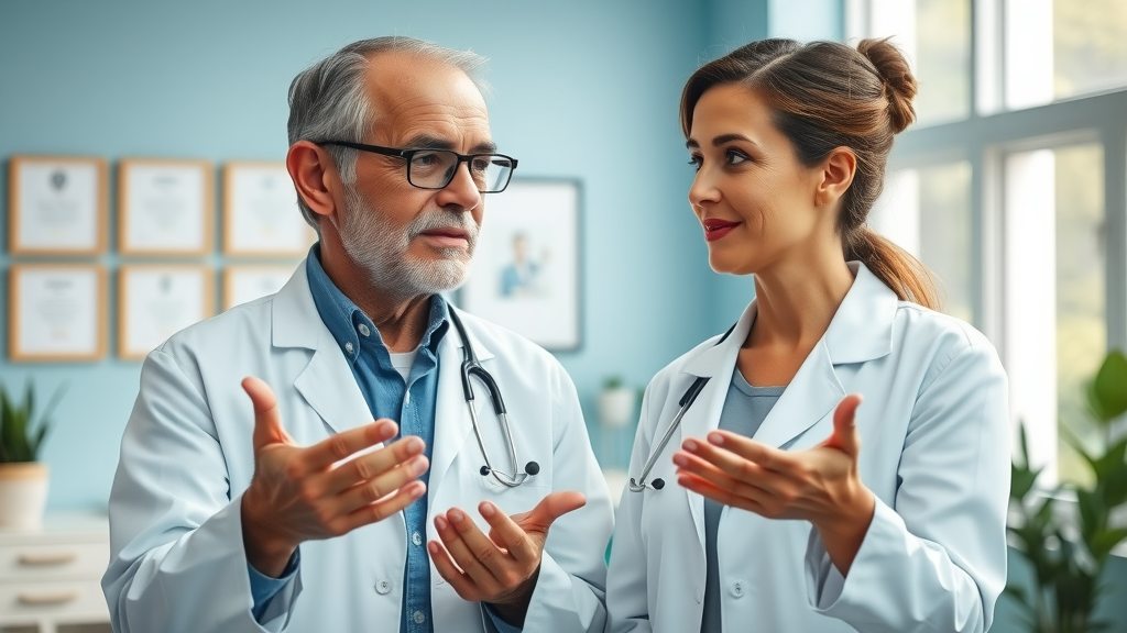 Mature man and woman discussing hormone balance and adaptogens with healthcare provider, menopause symptoms, male fertility, clinic, photorealistic
