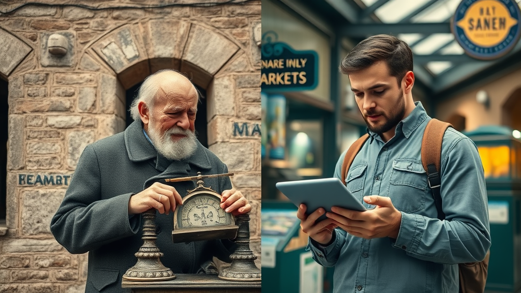 Split image of historical and modern Monmouthshire market: vintage farmers market in old stone building contrasted with digital age stall—monmouthshire first to market evolution.