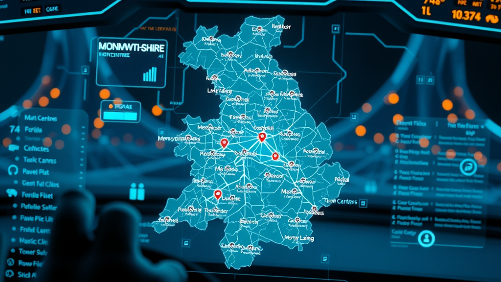 Modern map of Monmouthshire highlighting key town centres for press releases throughout Monmouthshire
