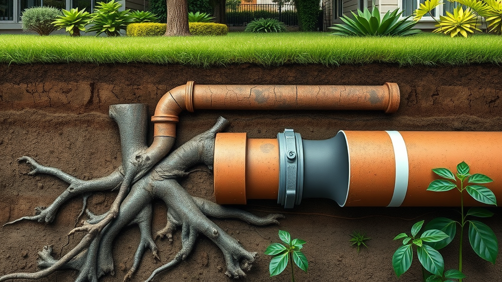 Pipe relining northern beaches cross-section showing old pipes, new relined pipe, and tree roots