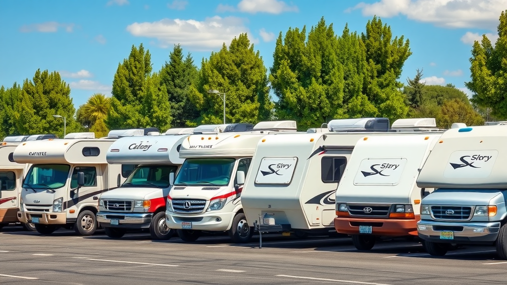 Diverse types of RVs like motorhomes and travel trailers in dealership lot demonstrating rv pricing using bank data