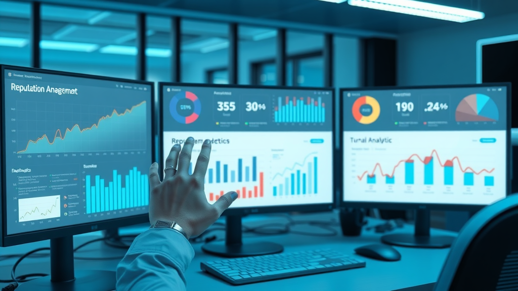 Reputation management software dashboard displaying analytics, reviews, and positive feedback charts for reputation management