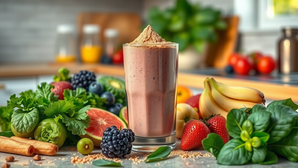 Liveden Balance Superfood powder and fresh fruits arranged on a kitchen countertop with morning sunlight