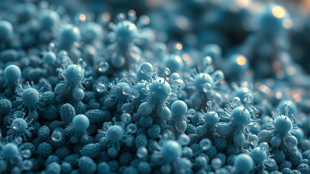 close-up of thriving microbiome ecosystem with diverse microbes working in harmony