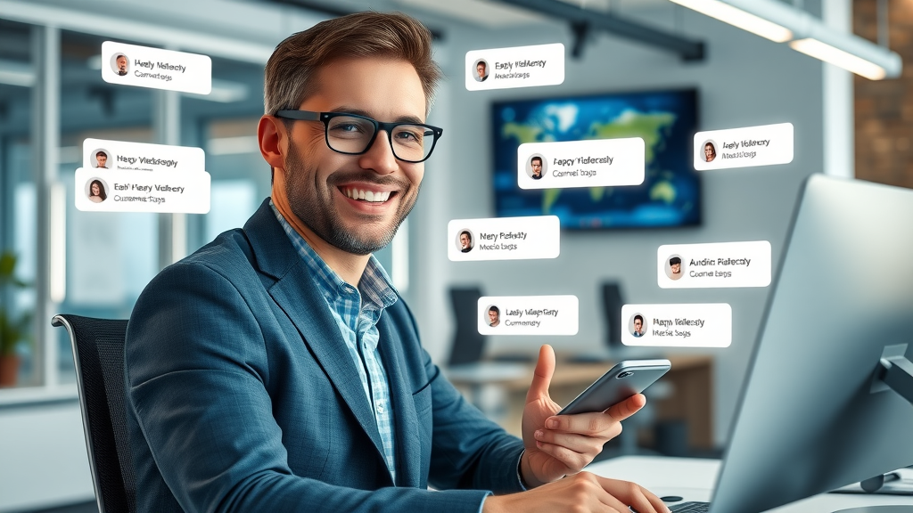 Business owner engaging with customers through chat bubbles on social platforms, digital communication