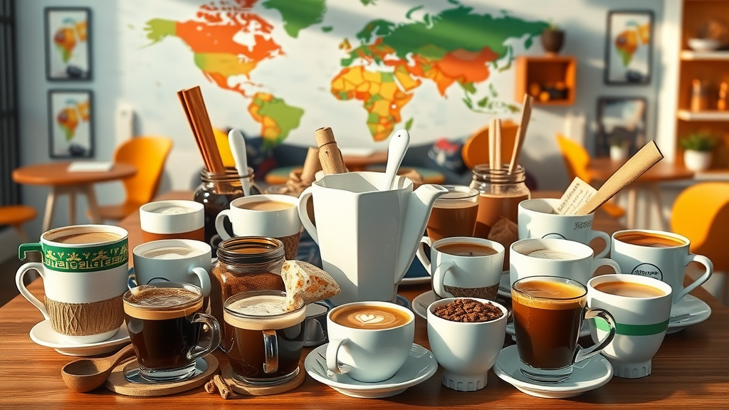 Eclectic coffee selection spread, cups of different coffee styles representing global cultures, 2D Cartoon, background with world map mural on cafe wall, highly detailed, dynamic arrangement of cups and cultural objects, vibrant colors, natural sunlight, shot with a 70mm lens.