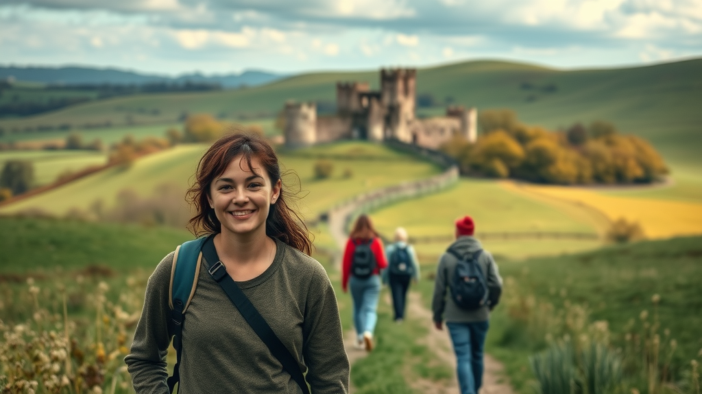 Scenic Monmouthshire countryside with people exploring local landmarks, medieval castle and green hills - monmouthshire county marketing