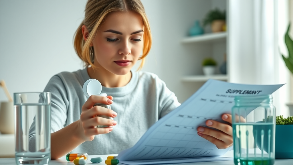 woman reviewing supplement label and calendar for gluten and dairy free hormone balance dosages