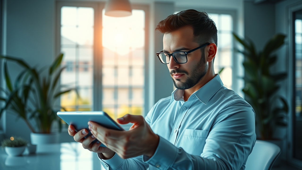 secure business directory digital interface and privacy choices settings, confident Mesa Arizona business owner, cinematic office scene