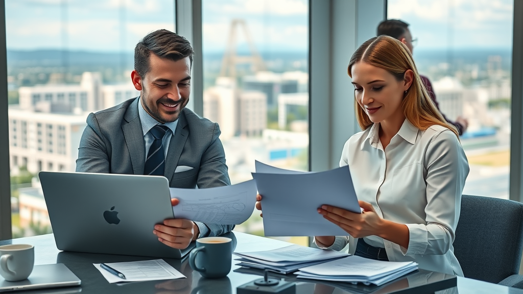 accounting firms and accountants in mesa professional accountants collaborating, reviewing documents, mesa cityscape background, modern office, detailed neutral tones