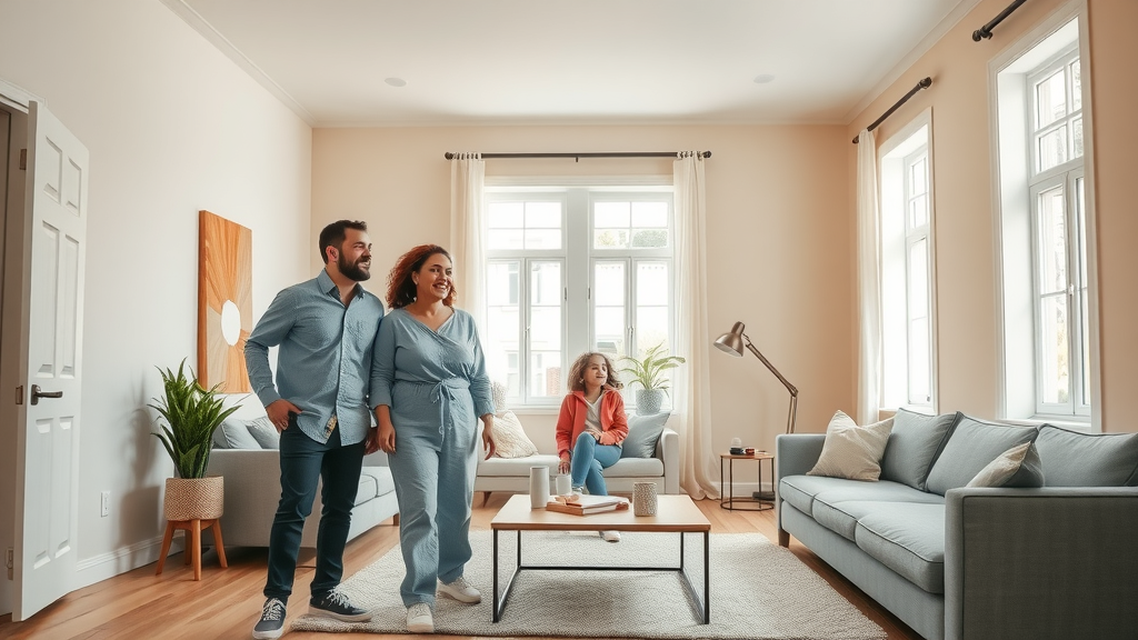 Happy family in a freshly painted living room showing residential painting services