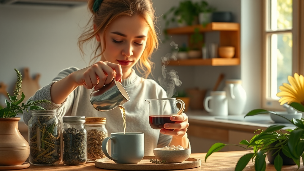 wellness enthusiast preparing adaptogen tea for daily stress management
