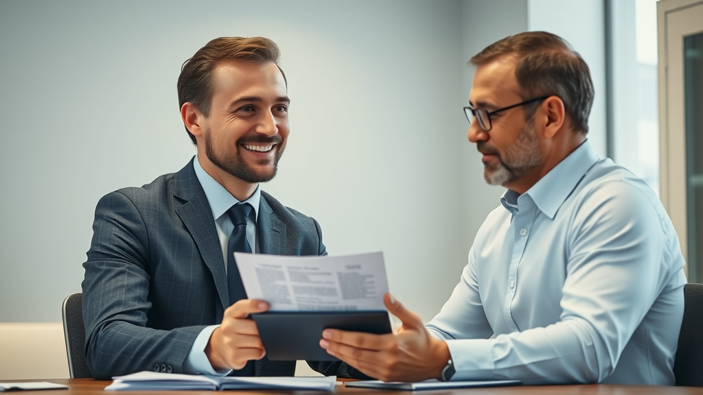 Insurance advisor explaining final expense insurance policies to client, expense life insurance