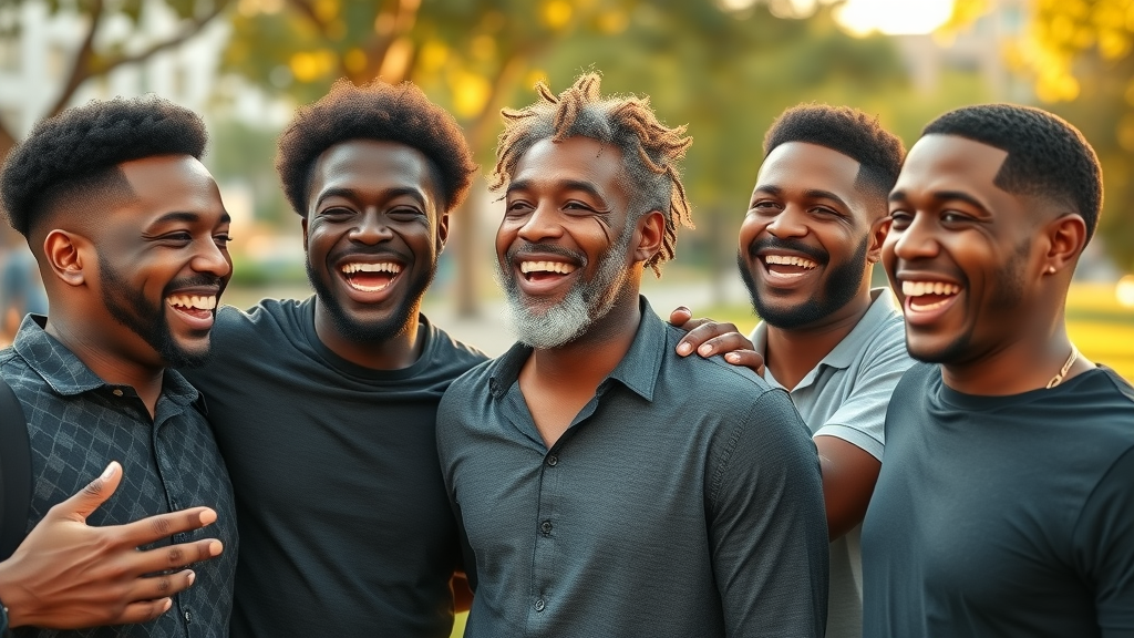 group of African American men celebrating hair replacement transformation