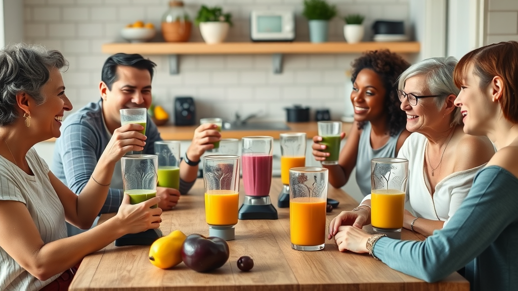 diverse group sharing colorful smoothies, best smoothie blender, kitchen with multiple blenders