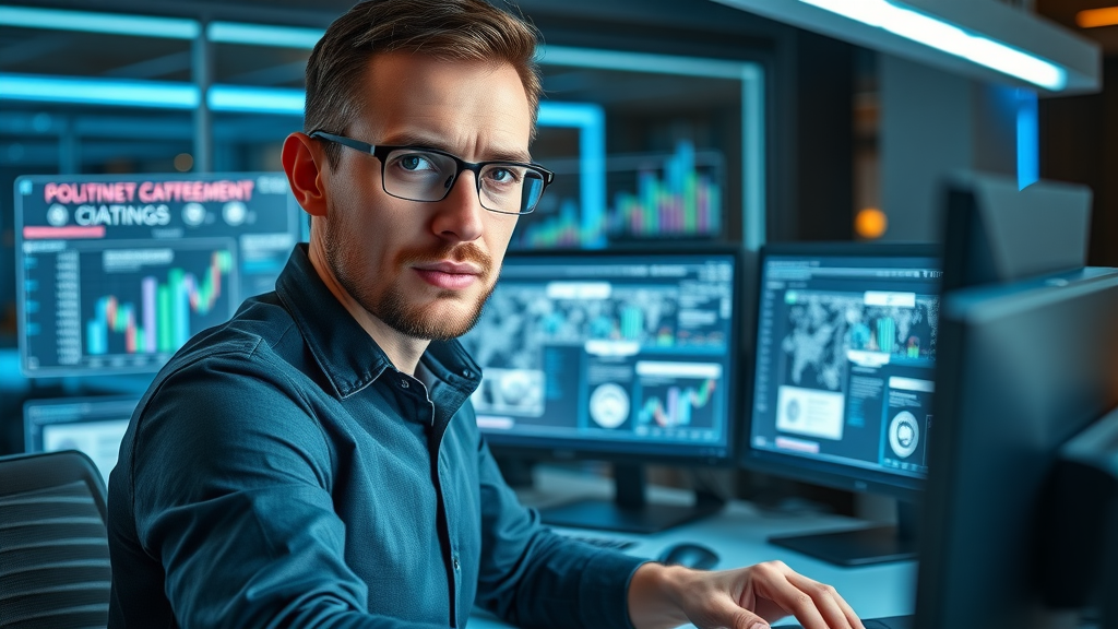 creative SEO strategist planning positive content SEO reputation management futuristic dual monitors
