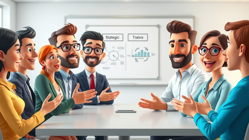 crisis management team in cartoon style training session conference room planning diagrams