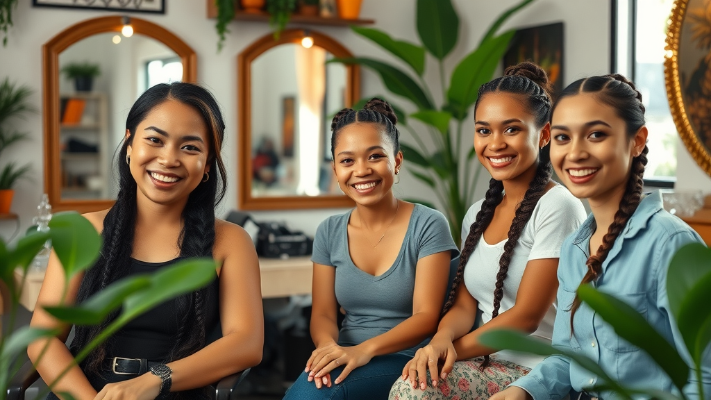 Vibrant Filipino women smiling with intricate hair braid styles in a cozy Olongapo salon interior, hair braiding in olongapo