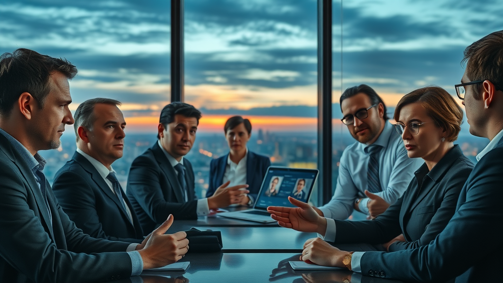 crisis management in marketing corporate office executives discussing urgent crisis social media alerts skyscraper view