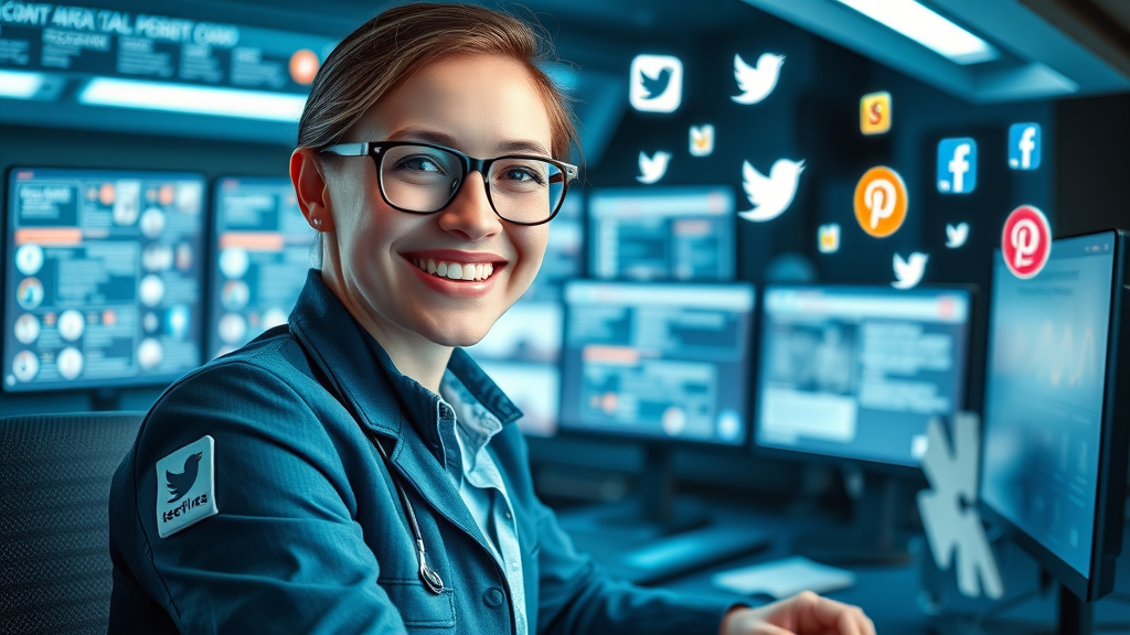 inspired social media coordinator posting nonprofit digital marketing success stories using multiple social media platforms in a digital command center